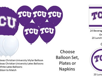 Texas Christian University Balloons, Texas Christian University Horned Frogs Balloons, Texas Christian University Napkins, TCU Plates