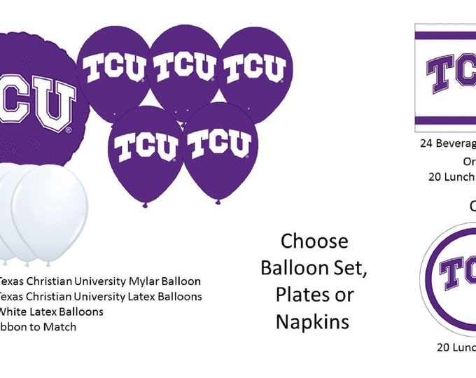 Texas Christian University Balloons, Texas Christian University Horned Frogs Balloons, Texas Christian University Napkins, TCU Plates