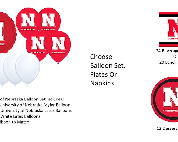 University of Nebraska Balloons, Cornhuskers Balloons, University of Nebraska Napkins, Nebraska Plates