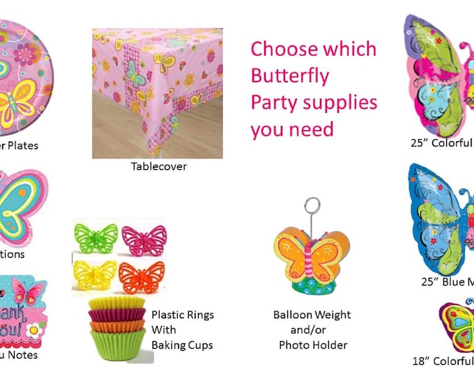 Butterfly Party Supplies, Butterfly plates, Butterfly Balloons, Butterfly tablecover, Butterfly Invitations