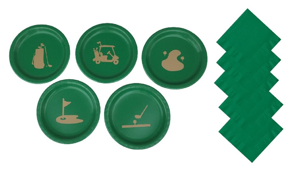 Golf Dinner Plates, Golf Dessert Plates With Solid Color Napkins Set