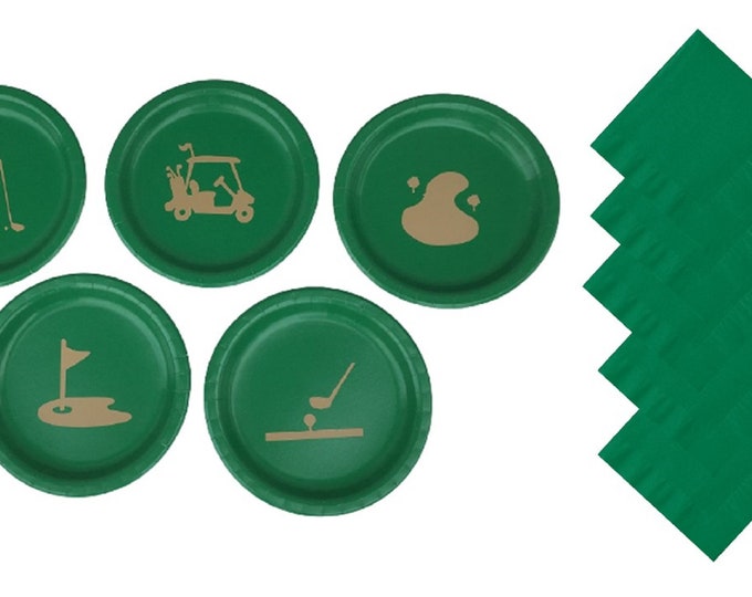 Golf Dinner Plates, Golf Dessert Plates -  with Solid Color Napkins - Set for 5 People, Golf 9" Plates, Golf 7" plates