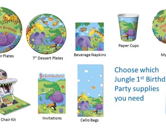 Jungle Buddies 1st Birthday Plates Napkins Invitations Cups Cello Bags, First Birthday Jungle Party, Jungle 1st Birthday