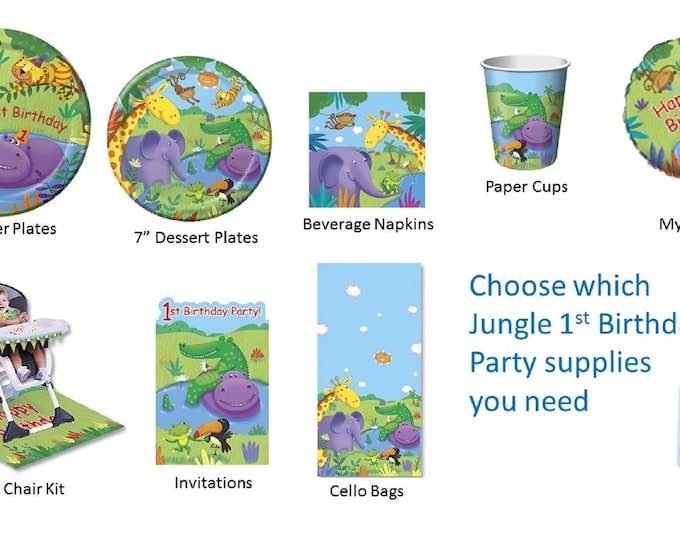 Jungle Buddies 1st Birthday Plates Napkins Invitations Cups Cello Bags, First Birthday Jungle Party, Jungle 1st Birthday