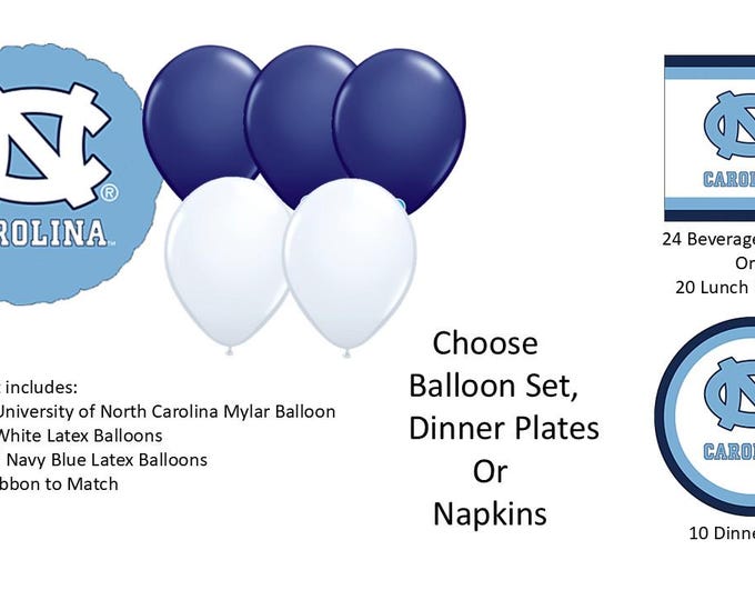 University of North Carolina Balloons, Tarheels balloons, University of North Carolina Plates, University of North Carolina Napkins