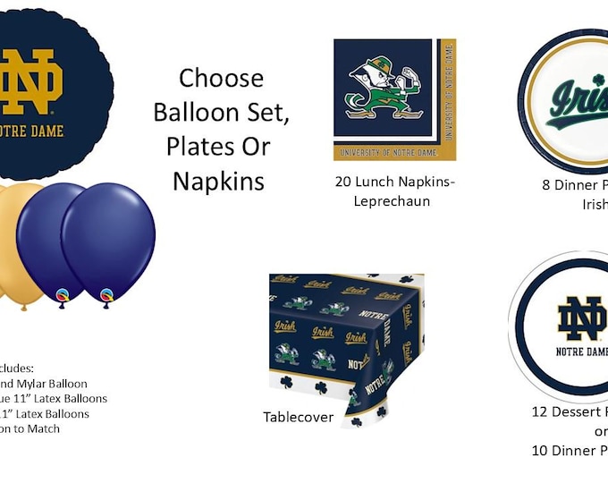 Notre Dame University Balloons, Notre Dame napkins, Notre Dame Plates, Notre Dame Tablecover