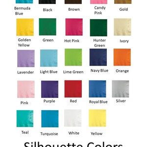 May include: A chart showing 24 different color swatches, each with a name below it. The colors include Bermuda Blue, Black, Brown, Candy Pink, Gold, Golden Yellow, Green, Hot Pink, Hunter Green, Ivory, Lavender, Light Blue, Lime Green, Navy Blue, Orange, Pink, Purple, Red, Royal Blue, Silver, Teal, Turquoise, White, and Yellow.