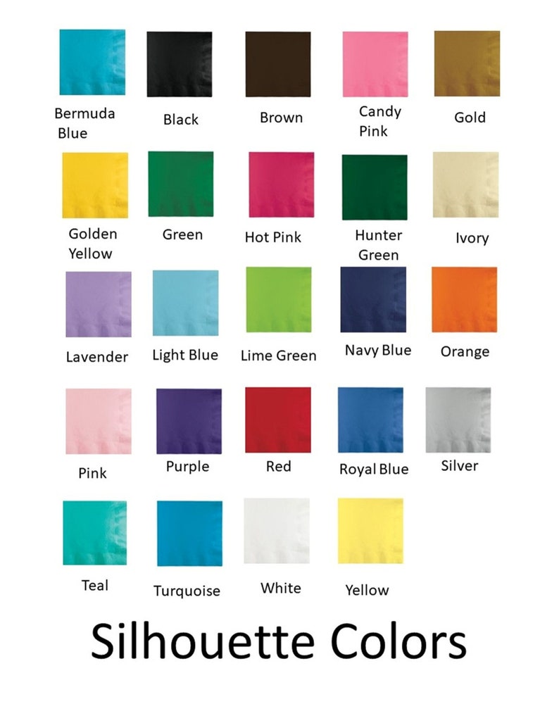 May include: A chart showing 24 different color swatches, each with a name below it. The colors include Bermuda Blue, Black, Brown, Candy Pink, Gold, Golden Yellow, Green, Hot Pink, Hunter Green, Ivory, Lavender, Light Blue, Lime Green, Navy Blue, Orange, Pink, Purple, Red, Royal Blue, Silver, Teal, Turquoise, White, and Yellow.