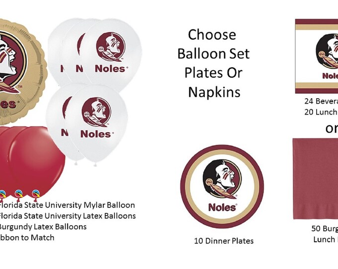 Florida State University Balloons, Florida State University Seminoles balloons, Florida State napkins, Florida State Plates