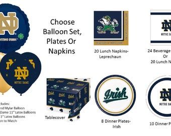 Notre Dame University Balloons, Notre Dame napkins, Notre Dame Plates, Notre Dame Tablecover