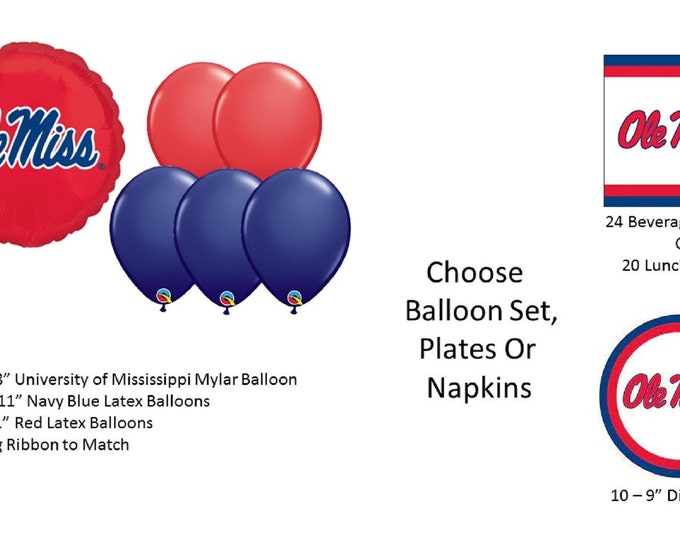 University of Mississippi Balloons, University Of Mississippi Beverage Napkins, University of Mississippi Lunch Napkins, Mississippi Plates