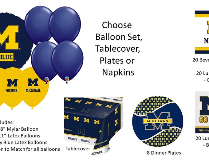 University of Michigan Balloons, U of M Balloons, University of Michigan Lunch Napkins, University of Michigan Tablecover, Michigan Plates