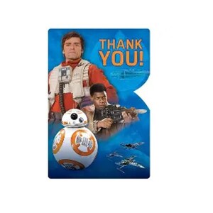 以下が含まれることがあります： 青いスターウォーズをテーマにしたカードで、白い文字で「THANK YOU！」と書かれています。カードには、BB-8を含むスターウォーズフランチャイズのキャラクターと戦闘機の画像が描かれています。カードはユニークな形をしています。