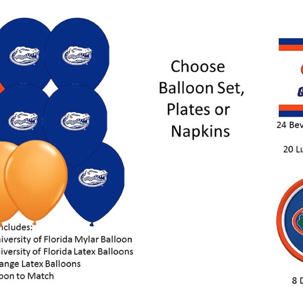 University of Florida Balloons, University of Florida Gators Balloons, University of Florida Napkins, Gators Balloons, Florida Plates