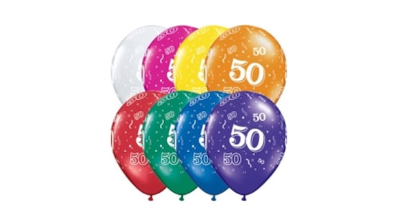 10 Pack 11 Assorted Colors Jewel 50 Around 50th Birthday Latex Balloons with Matching Ribbon