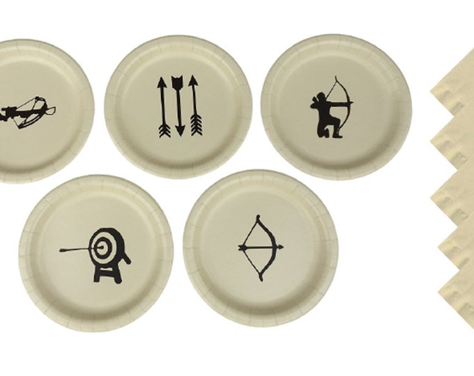 Archery Dinner Plates with Solid Color Lunch Napkins -Set for 5 People, Archery 9" Plates, Archery Dessert Plates with Solid Color Napkins