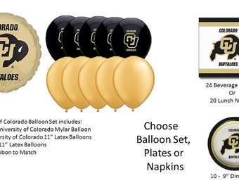 University of Colorado Balloons, University of Colorado Dinner Plates, University of Colorado Lunch Napkins, Colorado Beverage Napkins