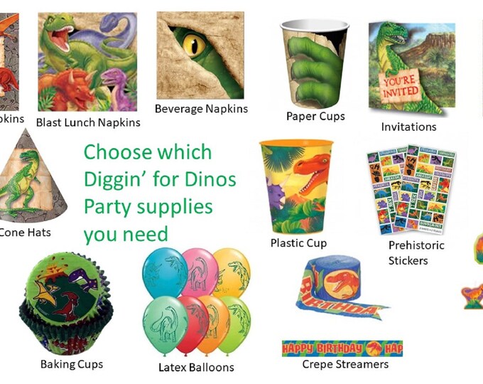 Diggin' For Dinos Party Napkins Loot Bags Invitations Stickers Baking Cups Crepe Streamers Cups