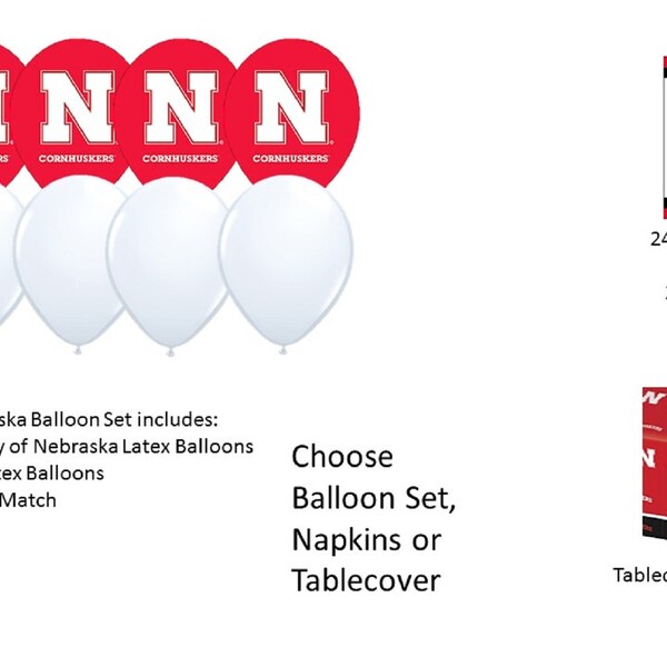 University of Nebraska Balloons, Cornhuskers Balloons, University of Nebraska Napkins, Nebraska Tablecover