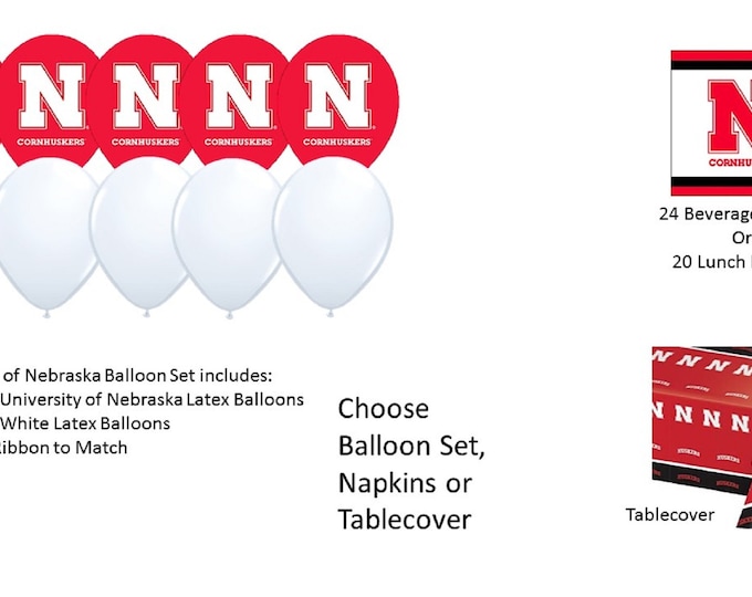 University of Nebraska Balloons, Cornhuskers Balloons, University of Nebraska Napkins, Nebraska Tablecover