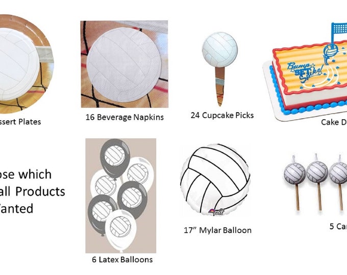 Volleyball Cake Decorating Kit, Volleyball plates, Volleyball napkins, Volleyball candles, Volleyball balloons