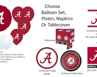 University of Alabama Balloons, University of Alabama Napkins, University of Alabama Plates, Alabama Tablecover