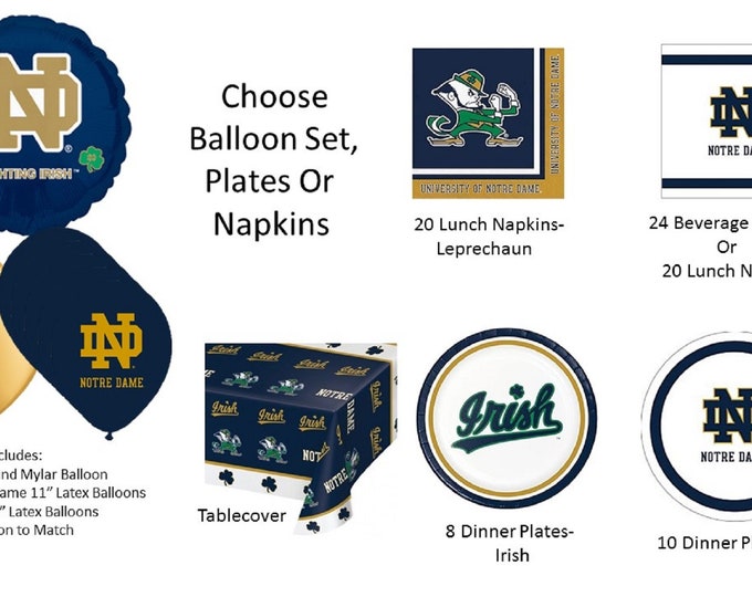Notre Dame University Balloons, Notre Dame napkins, Notre Dame Plates, Notre Dame Tablecover