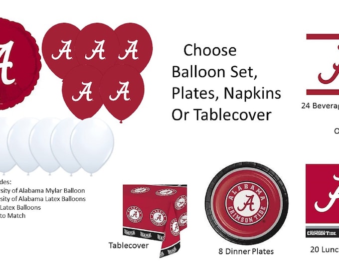 University of Alabama Balloons, University of Alabama Napkins, University of Alabama Plates, Alabama Tablecover