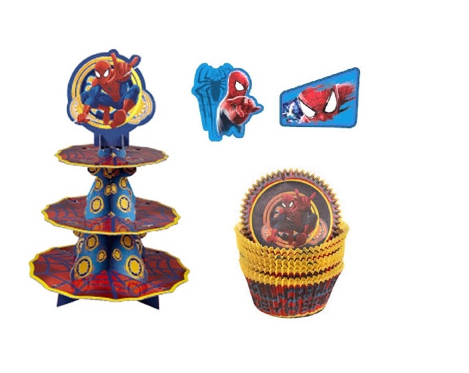 Spiderman Cupcake Stand, Rings & Baking Cups