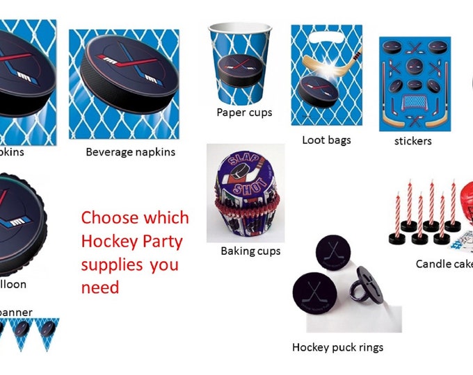 Hockey Plates Napkins Cups Loot bags Banner Stickers Cake top
