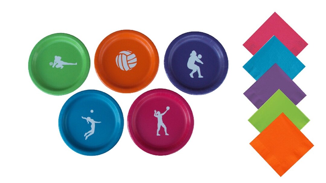 Volleyball Dinner Plates With Solid Color Lunch Napkins Set for 5
