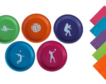Volleyball Dinner Plates with Solid Color Lunch Napkins - Set for 5 People