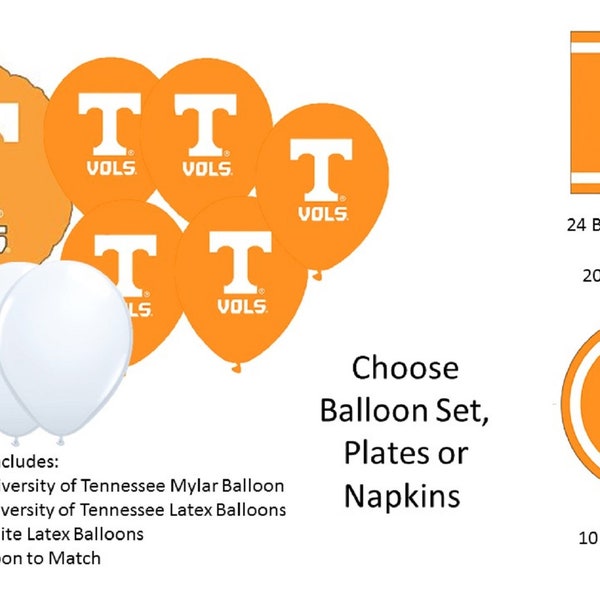 University of Tennessee Balloons, University of Tennessee Volunteers Balloons, University of Tennessee Napkins, Tennessee Plates