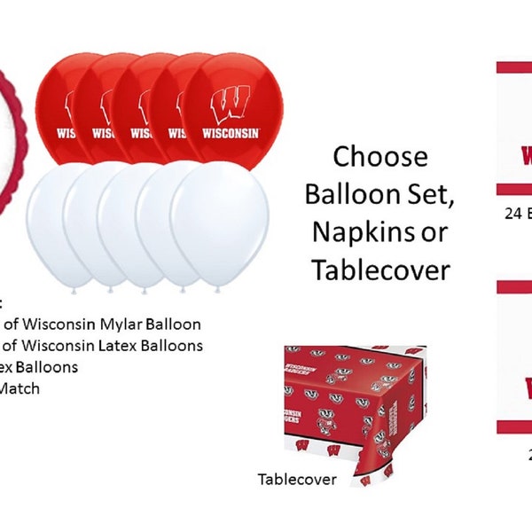 University of Wisconsin Balloons,  Badgers Balloons, University of Wisconsin Napkins, University of Wisconsin Tablecover