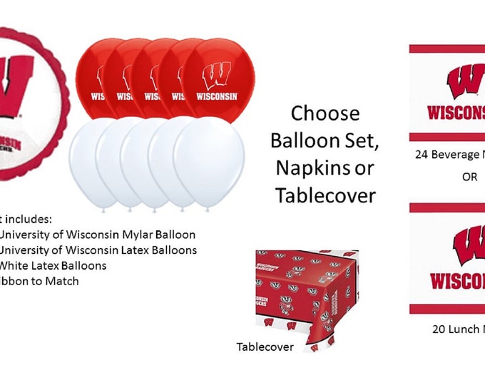 University of Wisconsin Balloons,  Badgers Balloons, University of Wisconsin Napkins, University of Wisconsin Tablecover