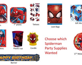 Spiderman Plates, Spiderman Napkins, Spiderman Gift Wrap, Spiderman Banner, Spiderman Loot Bags, Spiderman Cups, Spiderman balloon