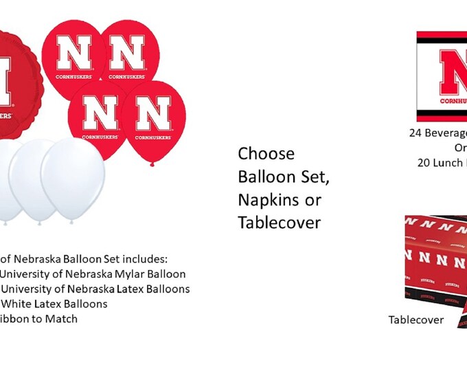 University of Nebraska Balloons, Cornhuskers Balloons, University of Nebraska Napkins, Nebraska Tablecover