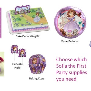May include: Assortment of Sofia the First party supplies, including lunch napkins, a cake decorating kit, mylar balloons, cupcake picks, baking cups, and rings. The image features a princess theme with purple and pink colors.