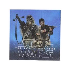 以下が含まれることがあります： スター・ウォーズ/フォースの覚醒のキャラクターが描かれた正方形のナプキン。画像には、チューバッカ、ブラスターを持った男性、子供が写っています。スター・ウォーズのロゴと映画タイトルが白で印刷されています。
