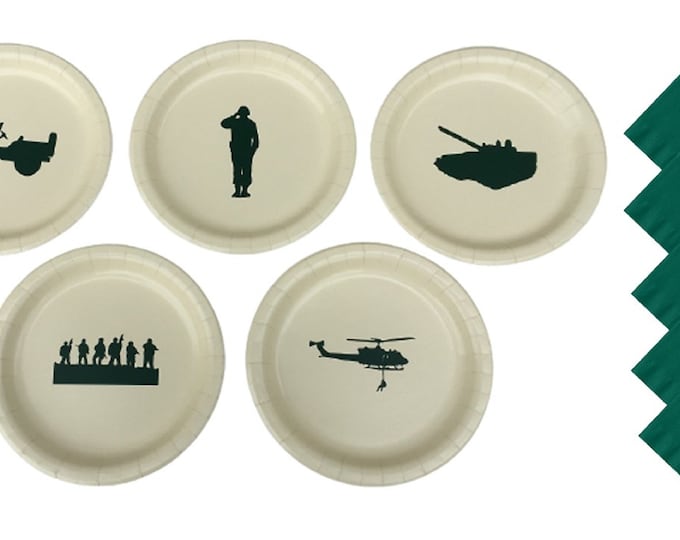 Army Dinner Plates, Army Dessert Plates - with Solid Color Napkins - Set for 5 People