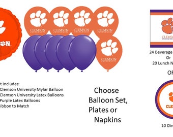 Clemson University Balloons, Clemson Tigers Balloons, Clemson napkins, Clemson Plates