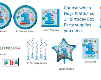 Fun At One 1st Birthday Party plates napkins invitations loot bags thank you notes banner, boy 1st birthday, 1st birthday napkins