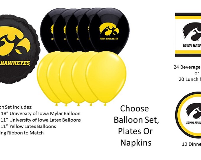 University of Iowa Balloons, Hawkeyes Balloons, University of Iowa Napkins, Iowa Plates