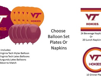 Virginia Tech University Balloons, Virginia Tech University Hokies Balloons, Virginia Tech Napkins, Virginia Tech Plates