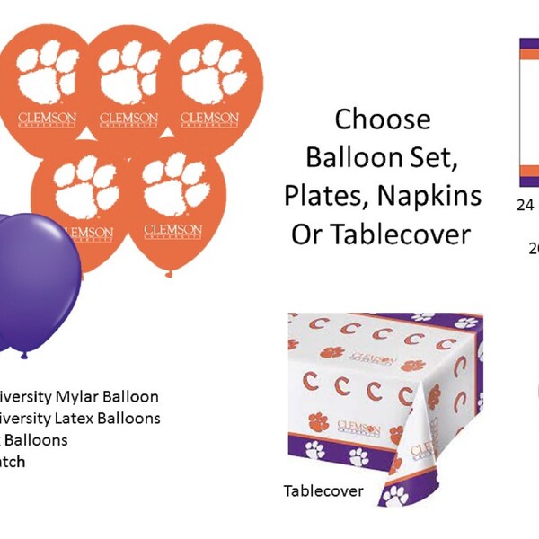 Clemson University Balloons, Clemson Tigers Balloons, Clemson napkins, Clemson Plates, Clemson Tablecover