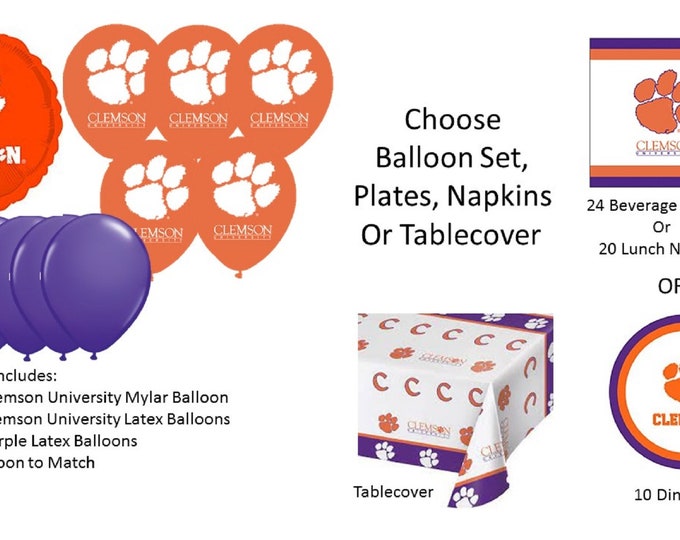 Clemson University Balloons, Clemson Tigers Balloons, Clemson napkins, Clemson Plates, Clemson Tablecover