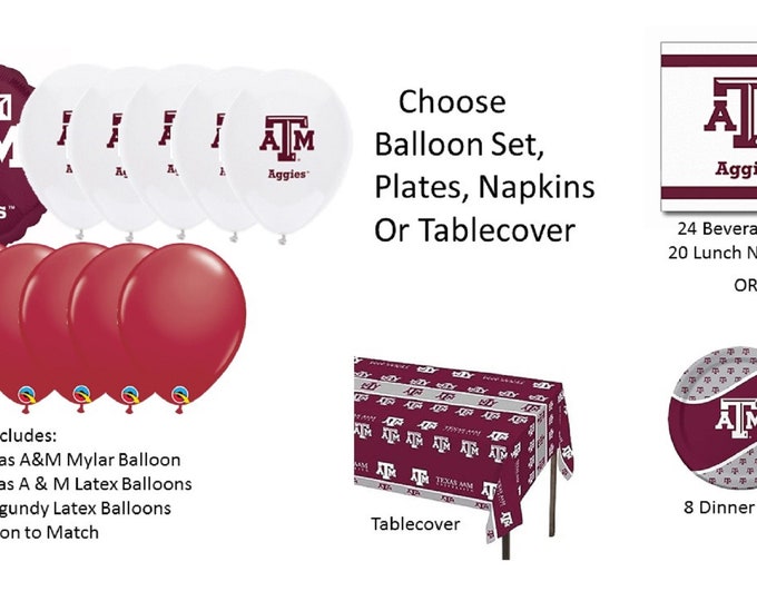 Texas A & M University Balloons, Aggies Balloons, Texas A M Napkins, Texas A M plates, Texas A M tablecover