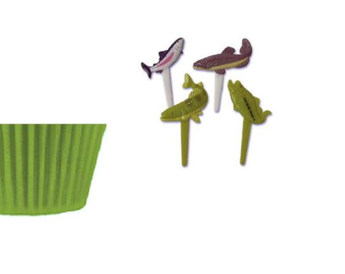 Trout & Bass Fish Picks with Lime Green Baking Cups