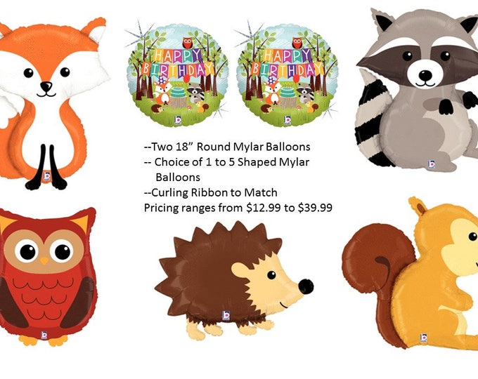 Woodland Creatures Birthday Mylar Balloons with Choice of Shaped Mylar Balloons