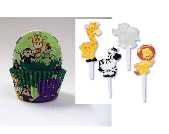 Jungle Animal Cupcake Picks with 12 Jungle themed baking cups